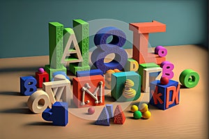 Abstract composition in study of random wooden letters Ai generated