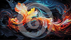 Abstract composition of swirling orange and blue colors resembling fire and smoke, generative ai