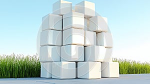Abstract Composition of White Cubes and Green Grass - Generative AI