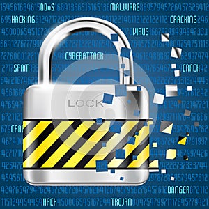 Abstract computer background with code and lock - danger of cyber attacks concept