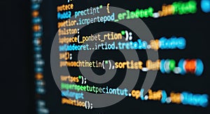 Abstract computer code displayed with vibrant syntax highlighting on a dark screen for programming