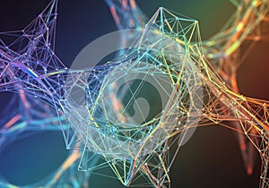 An abstract, computer-generated image depicts a complex network of interconnected lines and points,