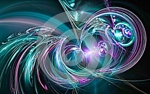 Abstract computer illustrations of fantastic energy waves of various shapes and shades on a black background for use in symbols,