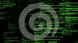 Abstract computer monitor with moving symbols. Animation. Green linux terminal commands on black background, conept of