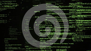 Abstract computer monitor with moving symbols. Animation. Green linux terminal commands on black background, conept of