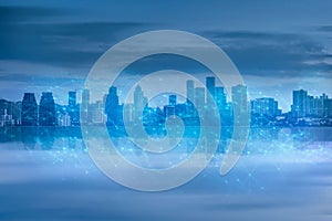 abstract computer network and 5g  internet connection concept with cityscape.