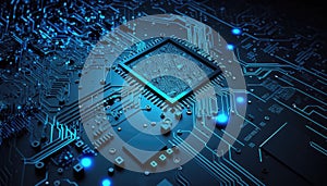 abstract computer processor chip on circuit board with microchips