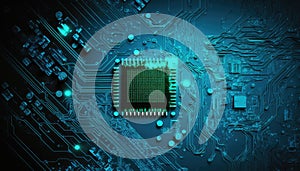 abstract computer processor chip on circuit board with microchips