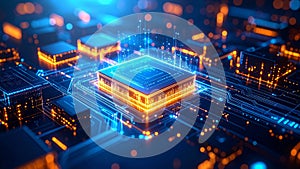 Abstract computer processor with glowing circuits and data flow visualization.