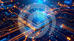 Abstract computer processor with glowing circuits and data transfer visualization