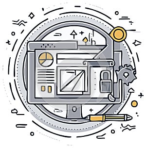 Abstract Computer Screen with Data, Security Lock, and Settings Illustration Design Concept