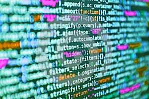 Abstract computer script about big data and blockchain database. Background of software developer script. Developer working on