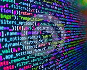 Abstract computer script about big data and blockchain database. Developer software programming code. Shallow depth of field,