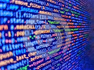 Abstract computer script about big data and blockchain database. Developer software programming code. Developer working on source