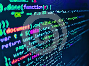 Abstract computer script about big data and blockchain database. Python programming developer code. Developer working on program
