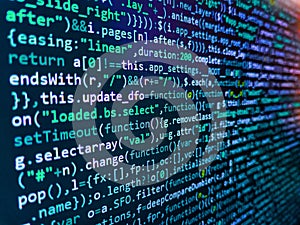 Abstract computer script about big data and blockchain database. Abstract computer script source code. Programming code screen of