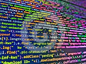 Abstract computer script code. Compressed javascript code on computer screen. Web site codes on computer monitor. Big da. Script