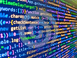 Abstract computer script  code. Data optimization. Software developer programming code. Web development work concept. Big data