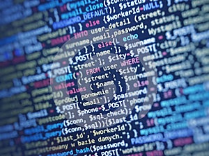 Abstract computer script code. Programming code screen of software developer.