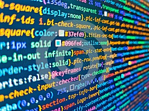 Abstract computer script code. Programming code abstract company office. Abstract computer script  code. Software engineer at work