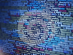 Abstract computer script code. Programming code screen of software developer.