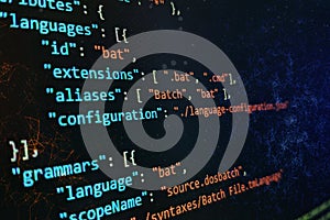 Abstract computer script code. Programming code screen of software developer. Software Programming Work Time