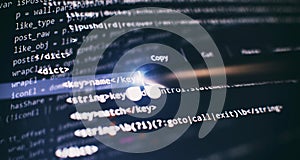 Abstract computer script code. Programming code screen of software developer. Software Programming Work Time