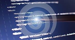 Abstract computer script code. Programming code screen of software developer. Software Programming Work Time