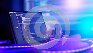 Abstract computer script code. Programming code screen of software developer. Software Programming Work Time