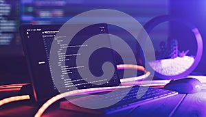 Abstract computer script code. Programming code screen of software developer. Software Programming Work Time