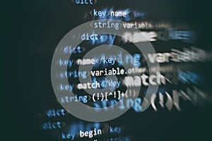 Abstract computer script code. Programming code screen of software developer. Software Programming Work Time. Code text written