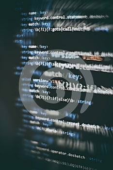 Abstract computer script code. Programming code screen of software developer. Software Programming Work Time. Code text written