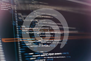 Abstract computer script code. Programming code screen of software developer. Software Programming Work Time. Code text written