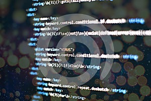 Abstract computer script code. Programming code screen of software developer. Software Programming Work Time. Code text written