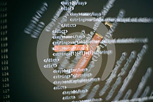 Abstract computer script code. Programming code screen of software developer. Software Programming Work Time. Code text written