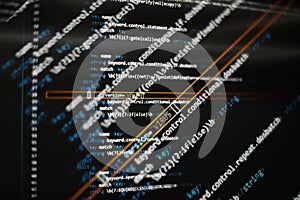 Abstract computer script code. Programming code screen of software developer. Software Programming Work Time. Code text written