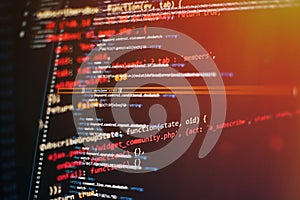 Abstract computer script code. Programming code screen of software developer. Software Programming Work Time. Code text written