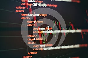 Abstract computer script code. Programming code screen of software developer. Software Programming Work Time. Code text written