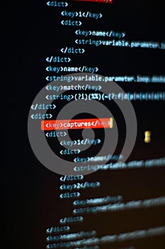 Abstract computer script code. Programming code screen of software developer. Software Programming Work Time. Code text written