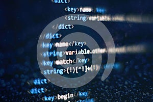 Abstract computer script code. Programming code screen of software developer. Software Programming Work Time. Code text written