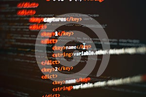 Abstract computer script code. Programming code screen of software developer. Software Programming Work Time. Code text written