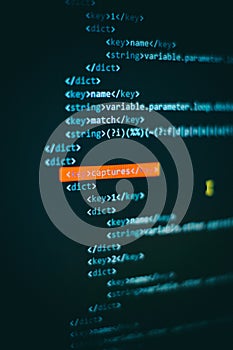 Programmer developer screen, web app coding. Script on computer. Modern display of data source code. Programming code abstract