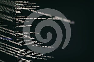 Abstract computer script code. Programming code screen of software developer. Software Programming Work Time. Code text written