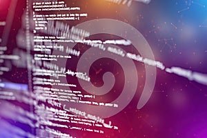 Abstract computer script code. Programming code screen of software developer. Software Programming Work Time. Code text written