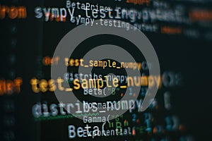 Abstract computer script code. Programming code screen of software developer. Software Programming Work Time. Code text written