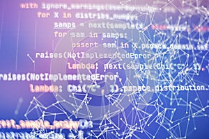 Abstract computer script code. Programming code screen of software developer. Software Programming Work Time. Code text written