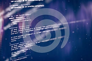 Abstract computer script code. Programming code screen of software developer. Software Programming Work Time. Code text written