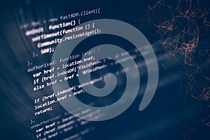 Abstract computer script code. Programming code screen of software developer. Software Programming Work Time. Code text written