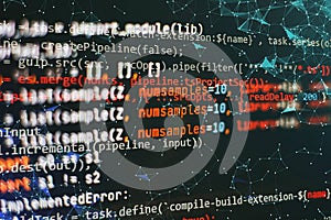 Abstract computer script code. Programming code screen of software developer. Software Programming Work Time. Code text written