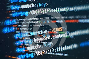 Abstract computer script code. Programming code screen of software developer. Software Programming Work Time. Code text written